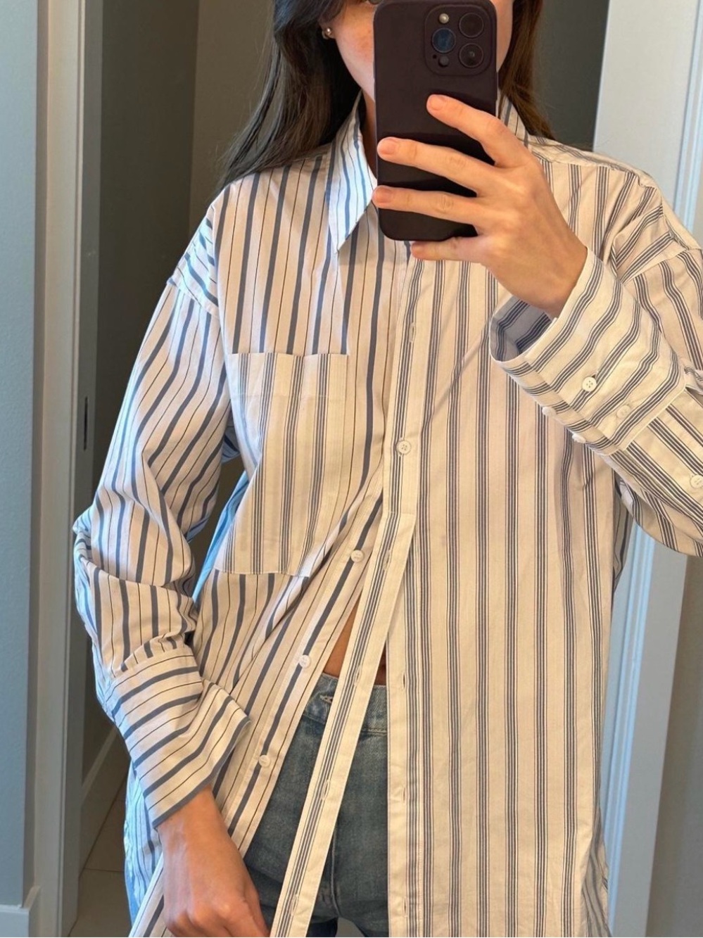 Women's Blue and White Striped Button-Down Shirt